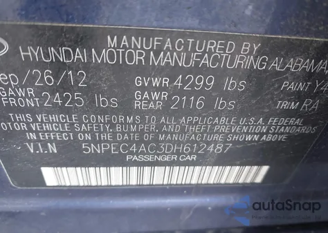 2013 Hyundai Sonata Se from USA, damaged, VIN 5NPEC4AC3DH612487